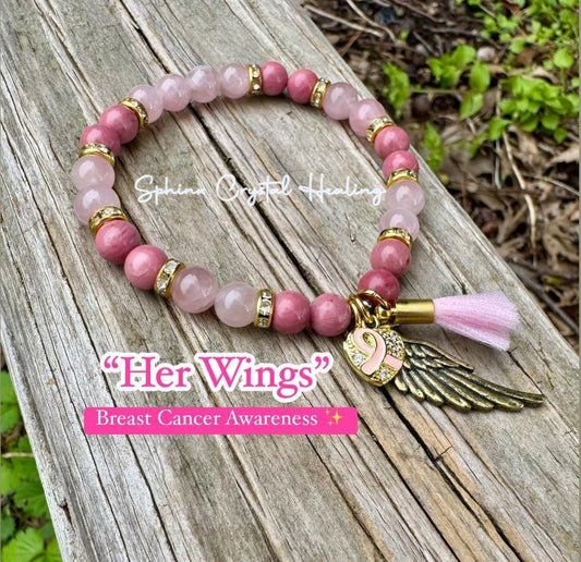 6mm Breast Cancer Awareness “ Her Wings ” Hope - Emotional Healing - AAA Rose Quartz - Rhodonite - Crystal Energy Healing Gemstone Bracelet
