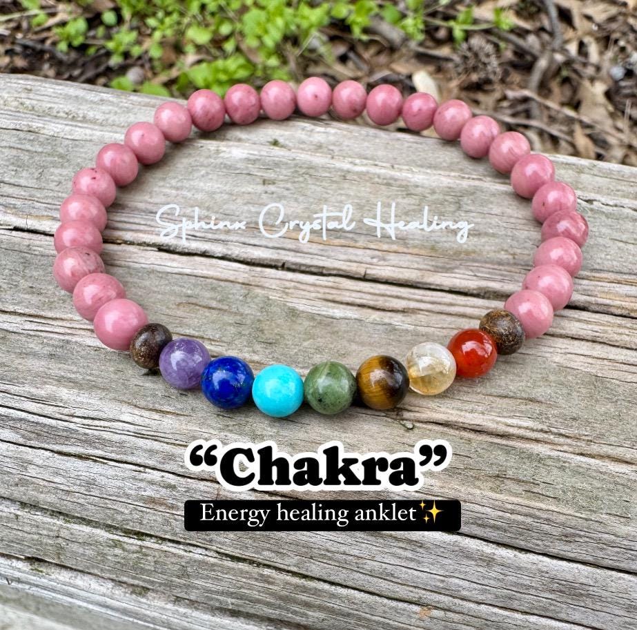 Chakra Balance Anklet - Self Love & Confidence Compassion - Spiritual Growth - Emotional Healing - Rhodonite Bronzite Gemstone Anklet