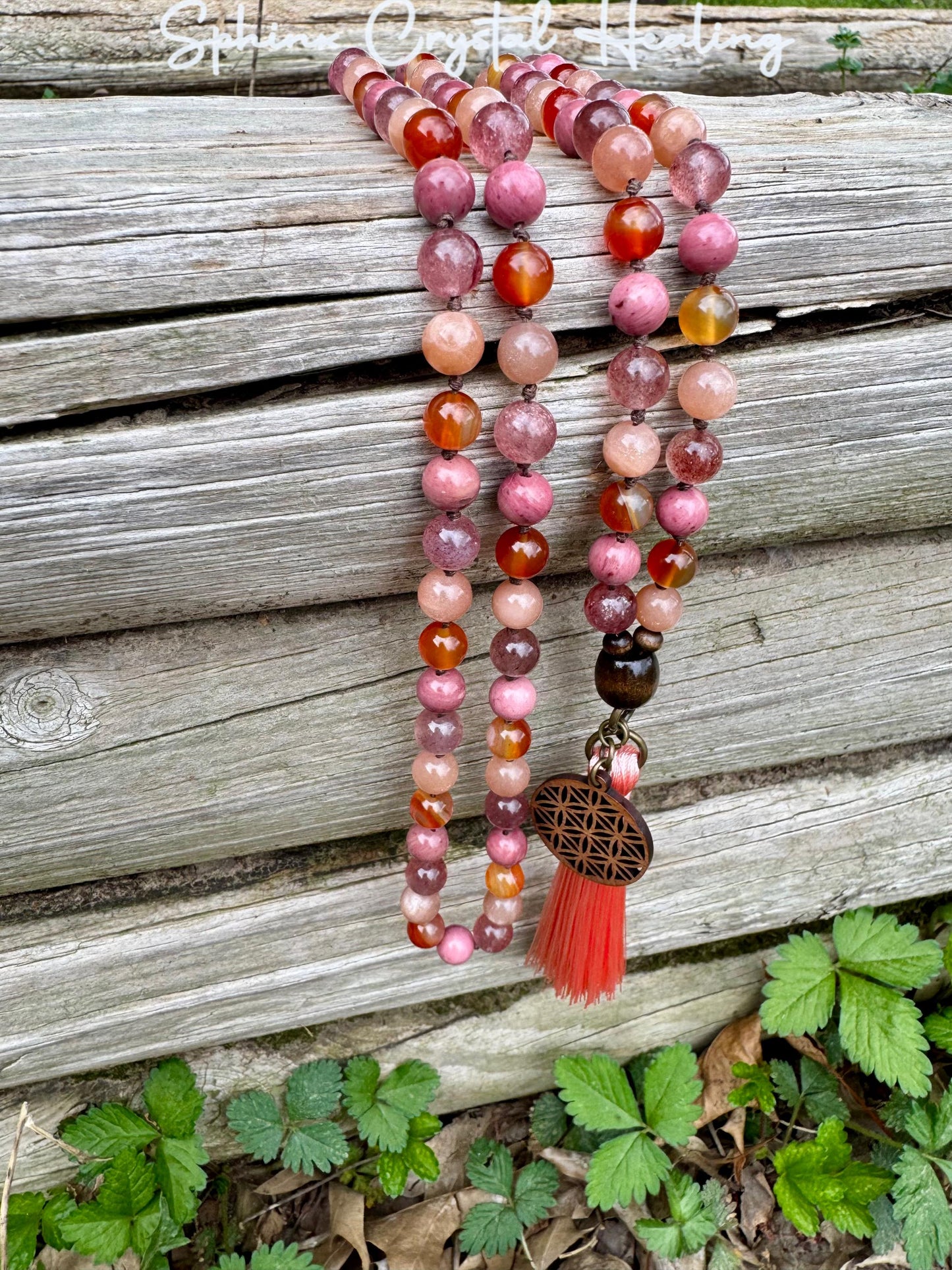 Inspiration & Creativity Mala - Motivation "After the Sunrise" Strawberry Quartz - Sunstone - High Quality Crystal Healing Gemstone Necklace
