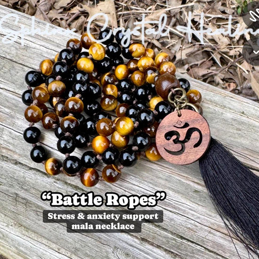 Protection & Anxiety Support Mala "Battle Ropes" Strength and Courage - Real Crystal Healing Gemstones - 108 Stone Mantra Mediation Necklace