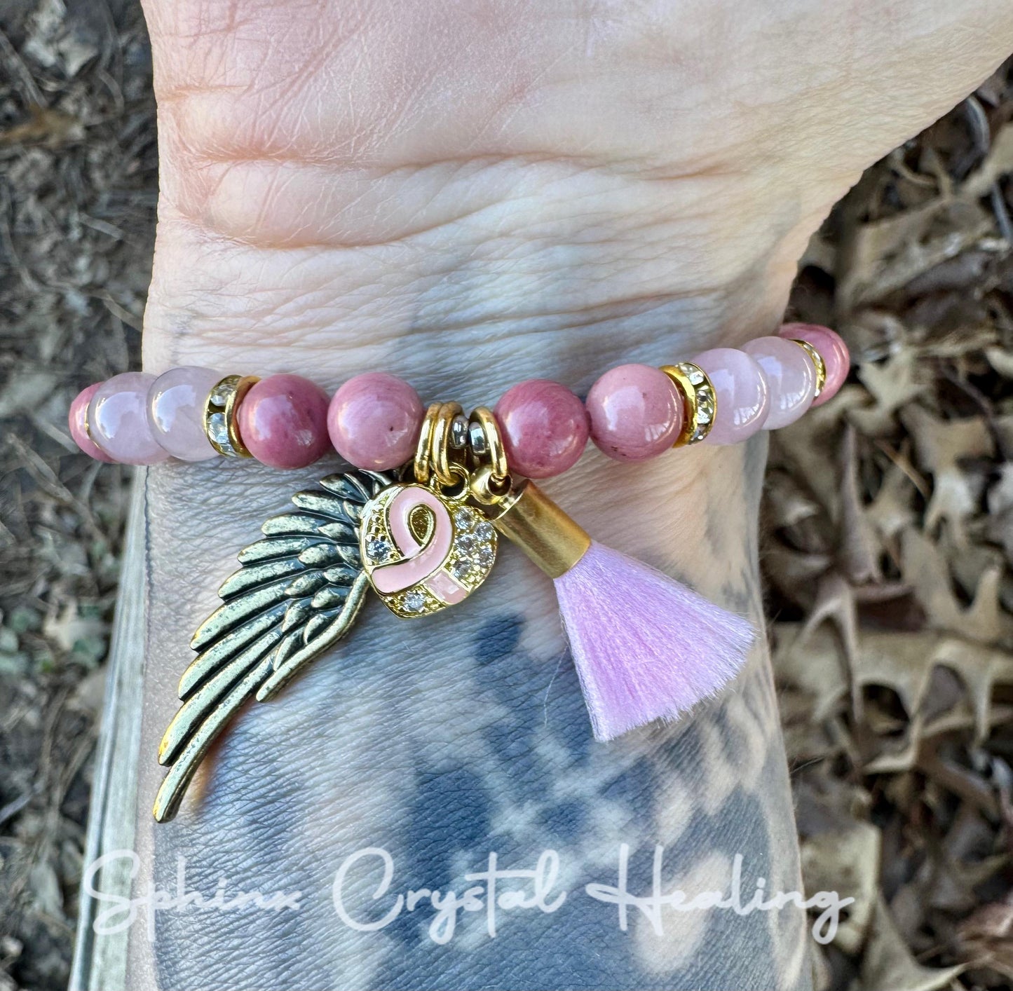 6mm Breast Cancer Awareness “ Her Wings ” Hope - Emotional Healing - AAA Rose Quartz - Rhodonite - Crystal Energy Healing Gemstone Bracelet