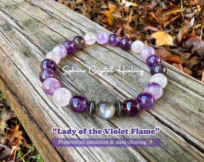Divine Healer - RARE Black Moonstone - AAA Grade Amethyst " Lady of the Violet Flame " High Vibrational - Real Crystal Healing Bracelet