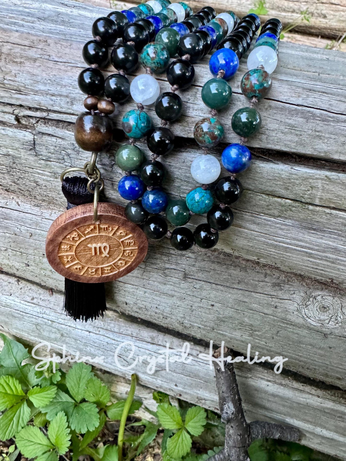 Virgo Energy Mala Necklace " The Humble Virgo " August & September Birthday - Crystal Healing Gemstones - Chrysocolla - Moonstone - Lapis