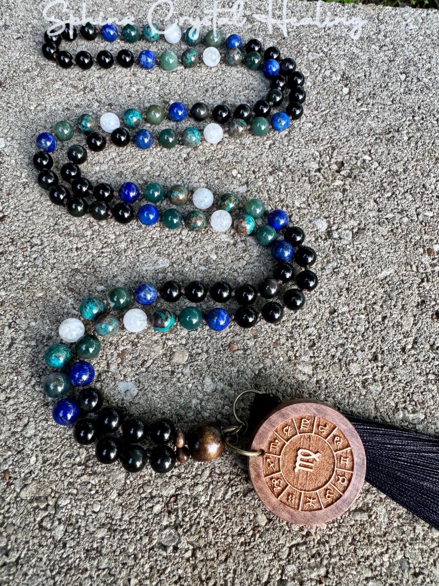 Virgo Energy Mala Necklace " The Humble Virgo " August & September Birthday - Crystal Healing Gemstones - Chrysocolla - Moonstone - Lapis