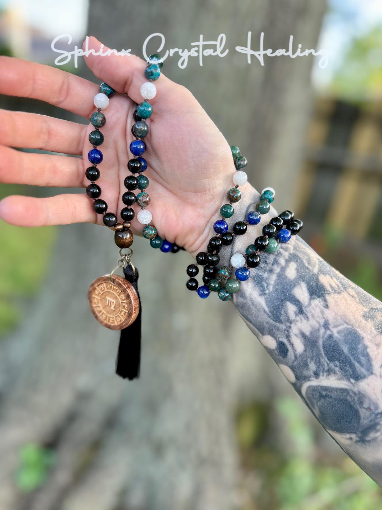 Virgo Energy Mala Necklace " The Humble Virgo " August & September Birthday - Crystal Healing Gemstones - Chrysocolla - Moonstone - Lapis