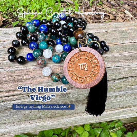 Virgo Energy Mala Necklace " The Humble Virgo " August & September Birthday - Crystal Healing Gemstones - Chrysocolla - Moonstone - Lapis