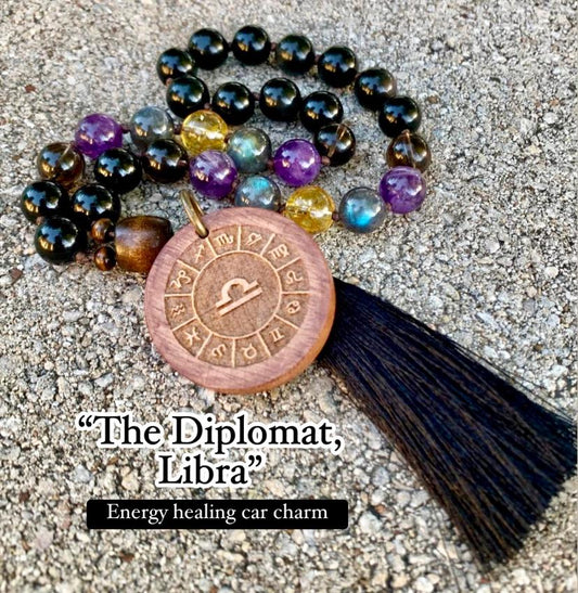 Libra Energy Car Charm - Zodiac Horoscope - "The Diplomat Libra" September October Birthday - Crystal Healing Rear View Mirror Mala Ornament