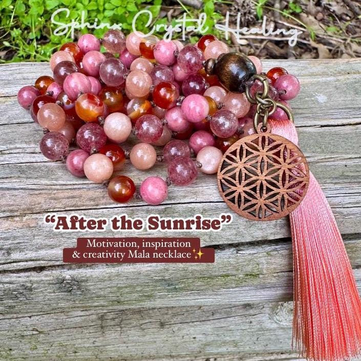 Inspiration & Creativity Mala - Motivation "After the Sunrise" Strawberry Quartz - Sunstone - High Quality Crystal Healing Gemstone Necklace