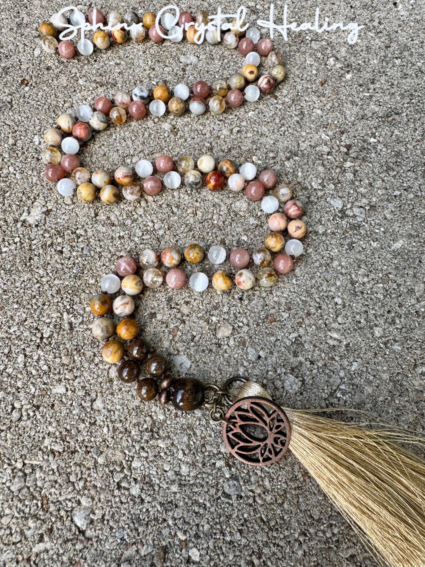 Positivity & Joy Mala Necklace " Flower Child " Happiness and Abundance - Positive vibes - Aura Protection - Real Crystal Healing Gemstones