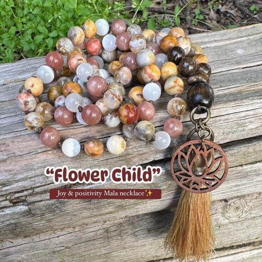 Positivity & Joy Mala Necklace " Flower Child " Happiness and Abundance - Positive vibes - Aura Protection - Real Crystal Healing Gemstones