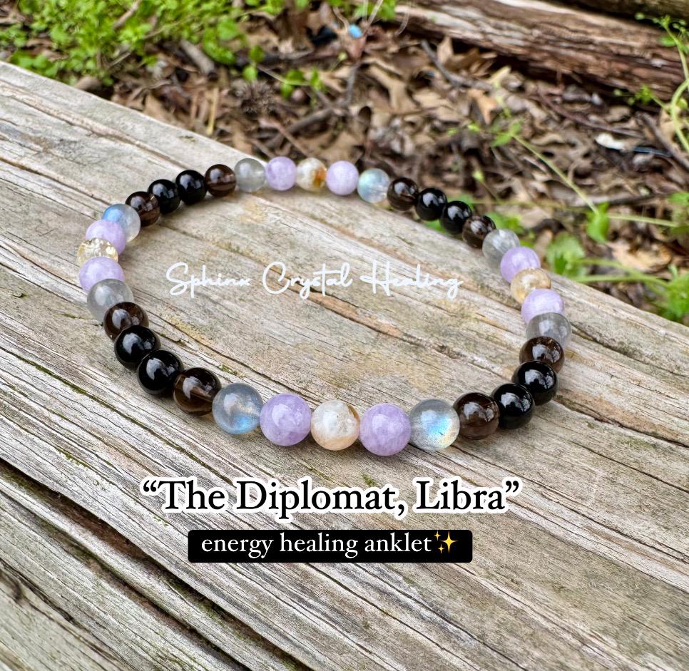Libra Energy Anklet " The Diplomat , Libra " September October Birthday - Zodiac - AAA Labradorite - Citrine - Amethyst - Crystal Gemstones