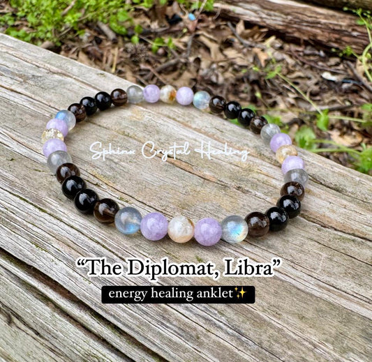 Libra Energy Anklet " The Diplomat , Libra " September October Birthday - Zodiac - AAA Labradorite - Citrine - Amethyst - Crystal Gemstones