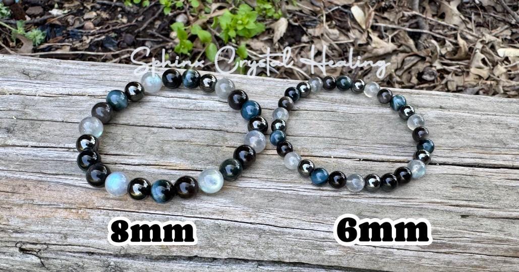 Self Empowerment - Strength & Courage " You are the Universe " AAA Blue Tigers Eye - Labradorite - Silver Obsidian Crystal Gemstone Bracelet