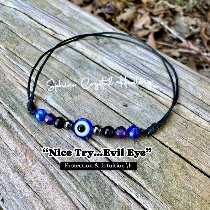 4mm Evil Eye Protection and Intuition Bracelet - Amethyst - Lapis - Onyx - Crystal Healing Gemstones - Minimal & Dainty Adjustable String