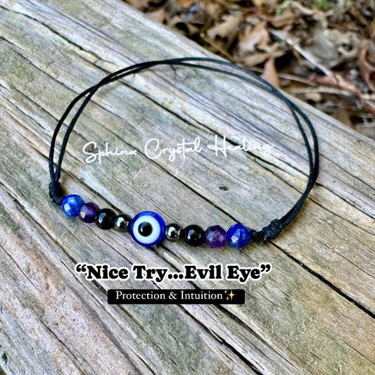 4mm Evil Eye Protection and Intuition Bracelet - Amethyst - Lapis - Onyx - Crystal Healing Gemstones - Minimal & Dainty Adjustable String