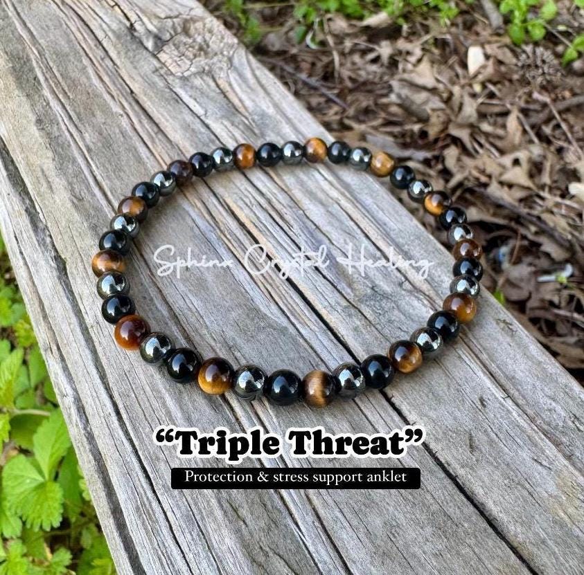 Anklet - Strength Courage Protection Shield " Triple Threat " Anxiety Support Relief Grounding AAA Gemstones Crystal Therapy Ankle Bracelet