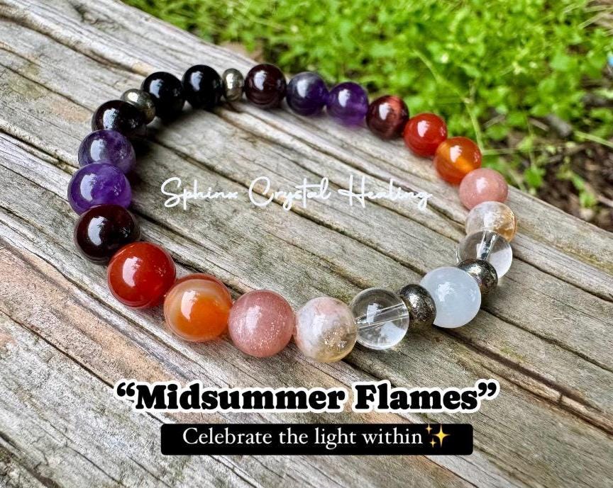 Summer Solstice " Midsummer Flames " AAA Sunstone - Citrine - Carnelian - Pyrite - Garnet - Red Tigers Eye - Crystal Gemstone Bracelet