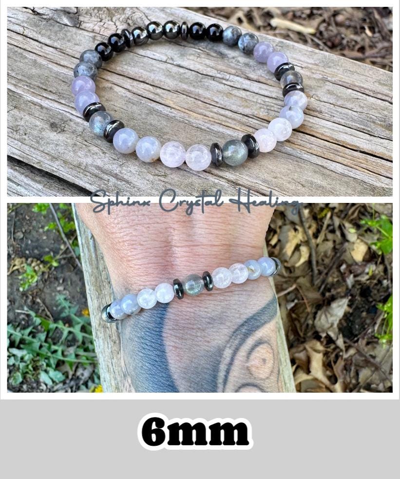 Healer Support - RARE Blue Lepidolite " The Empath’s Halo " Energy Healing - Blue Rose Quartz - White Amethyst - Empath Recharge Bracelet