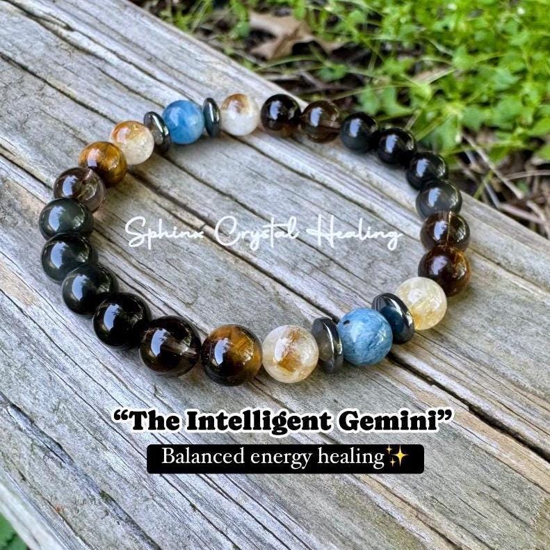 Gemini Energy - Zodiac Astrology Bracelet " The Intelligent Gemini " May June Birthday - REAL Quality Crystals & Gemstones - RARE Aquamarine