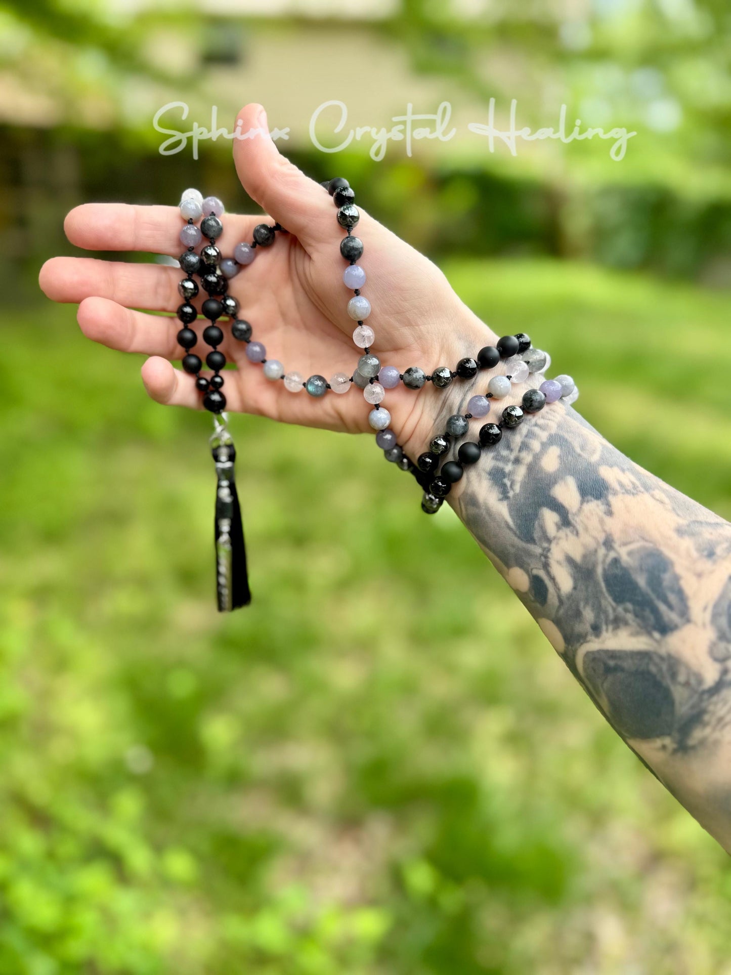 Healer Support Mala - RARE Blue Lepidolite " The Empath’s Halo " Real Blue Rose Quartz - White Amethyst - Spiritual Empath Healing Necklace