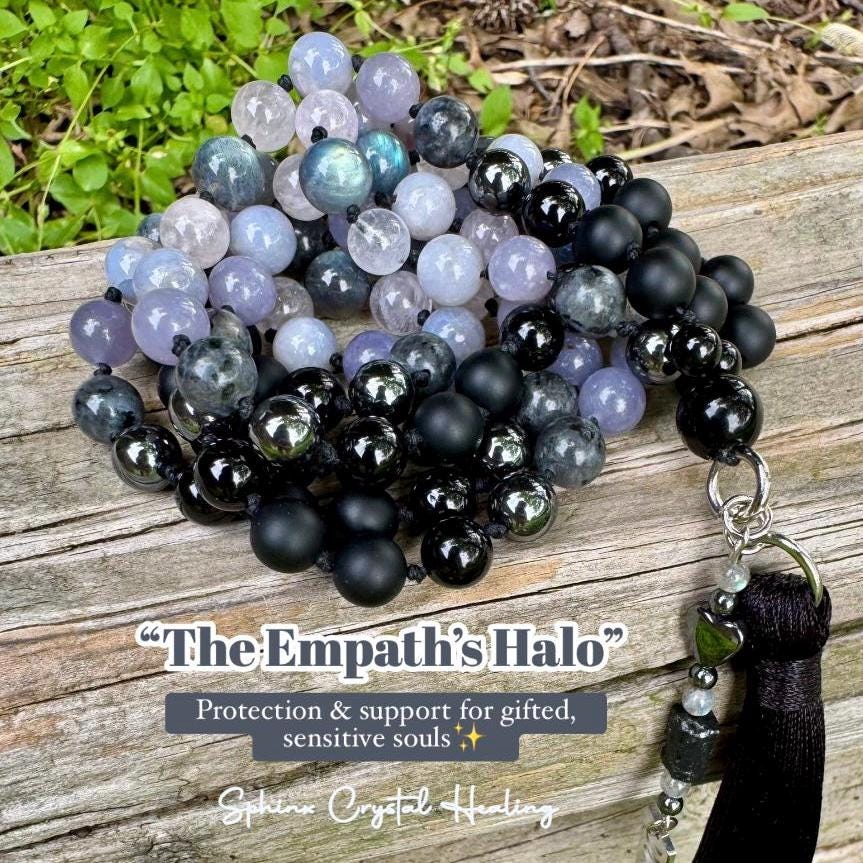Healer Support Mala - RARE Blue Lepidolite " The Empath’s Halo " Real Blue Rose Quartz - White Amethyst - Spiritual Empath Healing Necklace