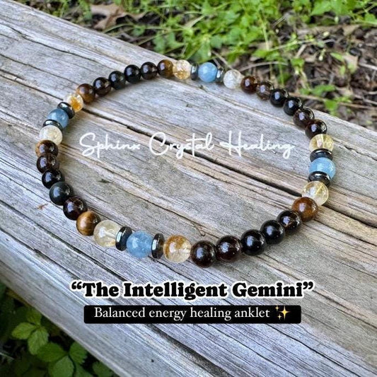 Gemini Energy Anklet - Zodiac Astrology " The Intelligent Gemini " May June Birthday - REAL Quality Crystals & Gemstones - RARE Aquamarine