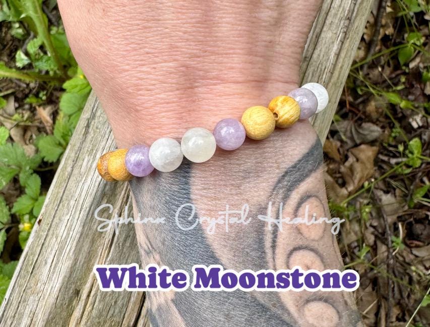 Aura Shield " Goddess of The Violet Flame " Empath Support & Protection - Moonstone - Amethyst - Palo Santo - Crystal Gemstone Bracelet