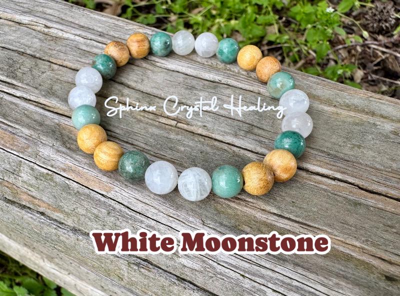 Self Love & Grace " Goddess of Compassion " Emotional Support - Heart Chakra - Moonstone - Chrysoprase - Palo Santo Gemstone Bracelet