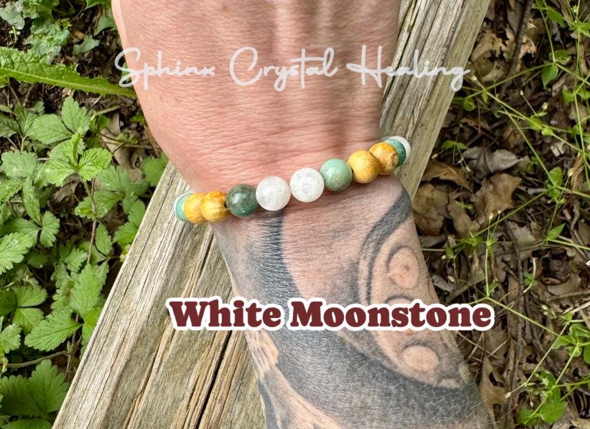 Emotional support " Goddess of Compassion " Grace Self Love - Heart Chakra - Moonstone - Chrysoprase - Palo Santo Gemstone Crystal Bracelet