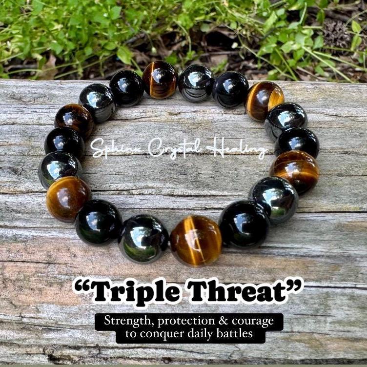 MENS 10MM Protection Bracelet - Strength - Courage " Triple Threat " Aura Shield - Confidence - Anxiety Relief  - Crystal Healing Gemstones