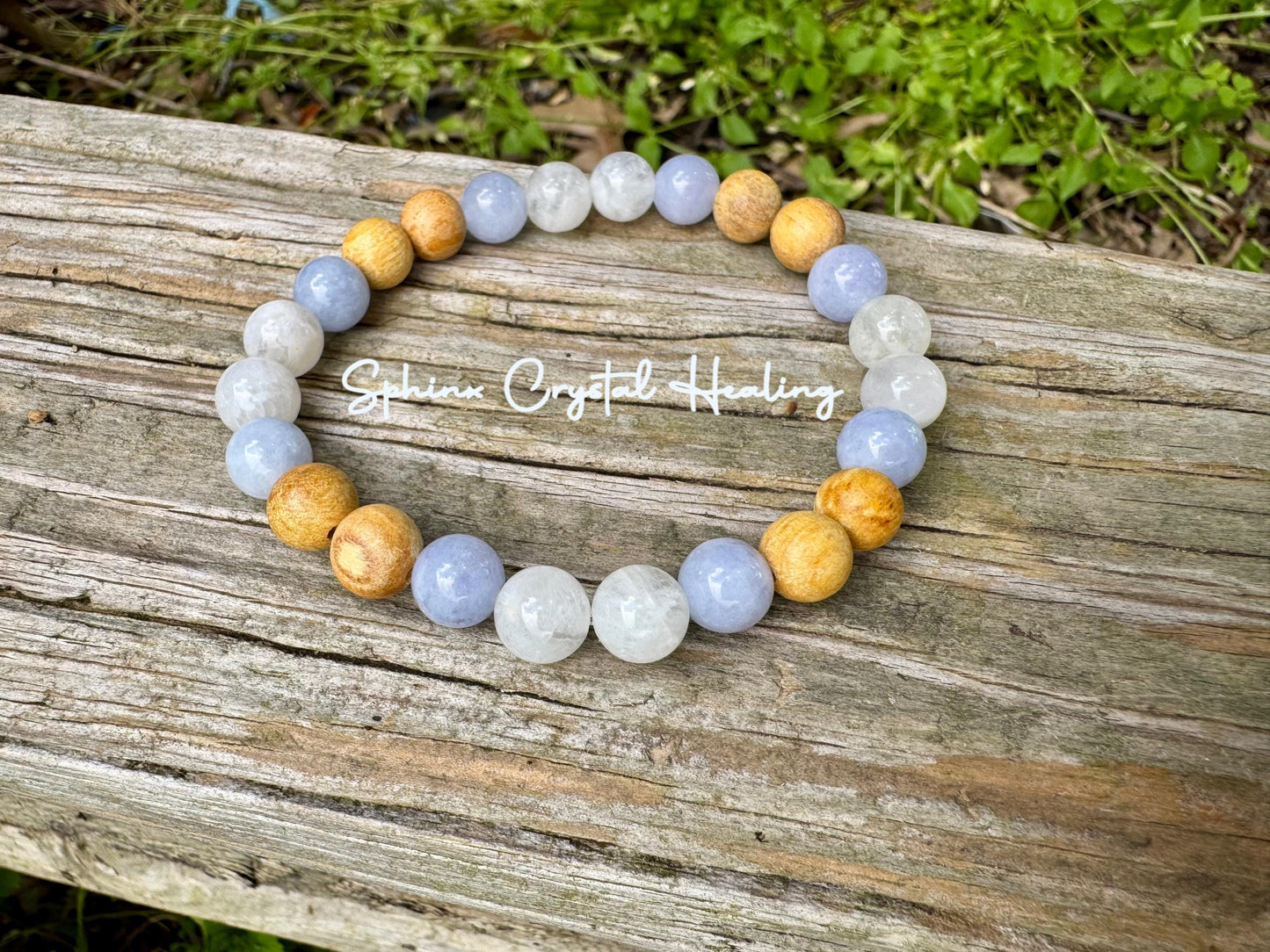 Stress Anxiety Support " Goddess of Calm Waters " Communication & Self Expression - AAA Moonstone - Palo Santo - Aquamarine Crystal Bracelet