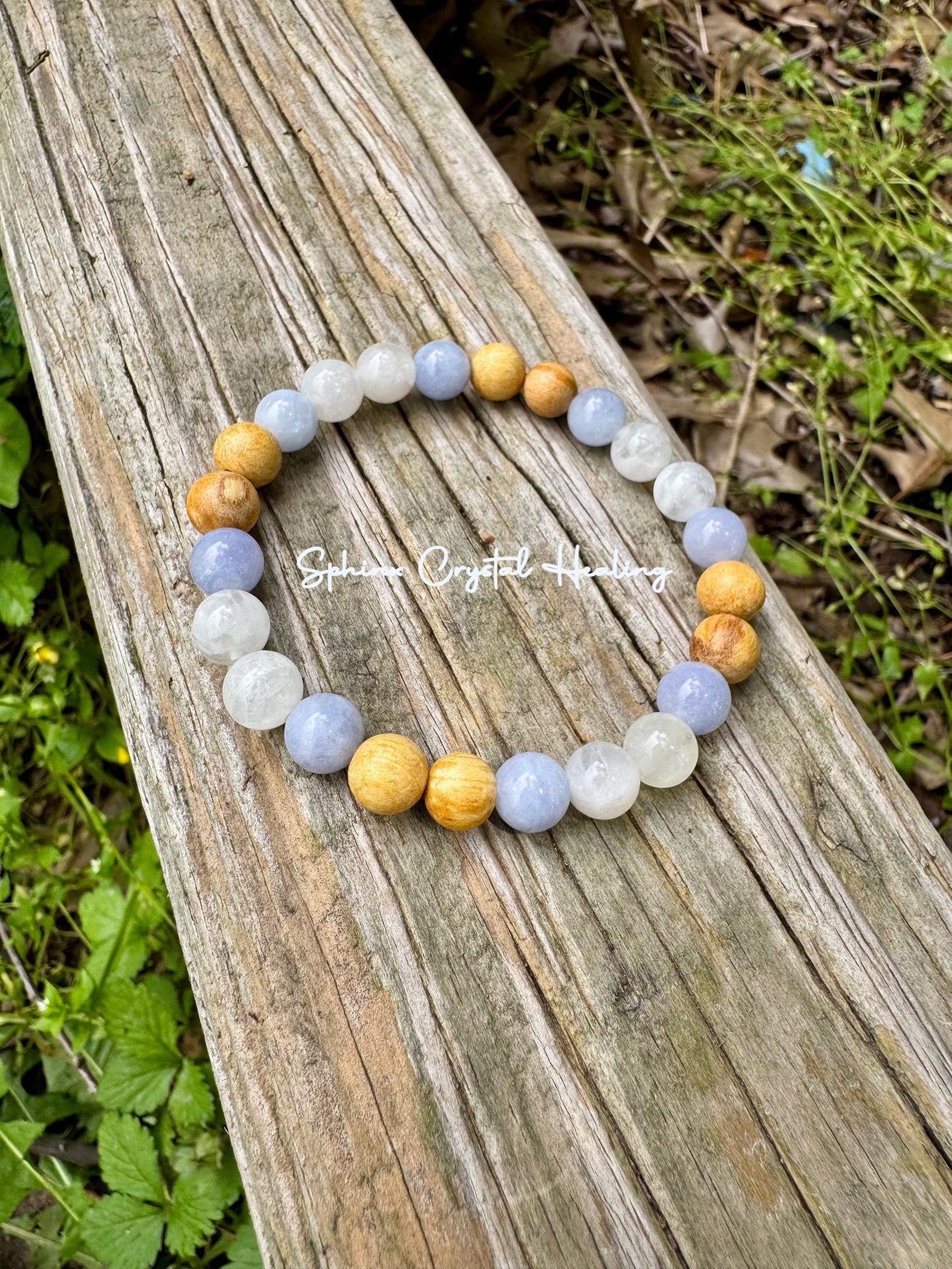 Stress Anxiety Support " Goddess of Calm Waters " Communication & Self Expression - AAA Moonstone - Palo Santo - Aquamarine Crystal Bracelet