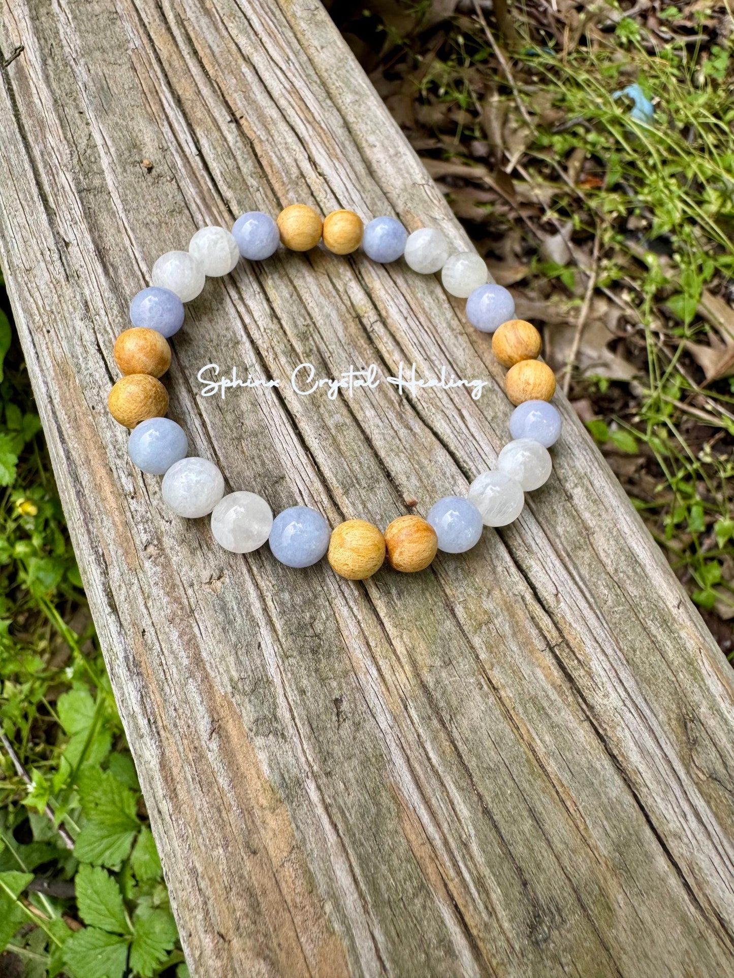 Stress Anxiety Support " Goddess of Calm Waters " Communication & Self Expression - AAA Moonstone - Palo Santo - Aquamarine Crystal Bracelet