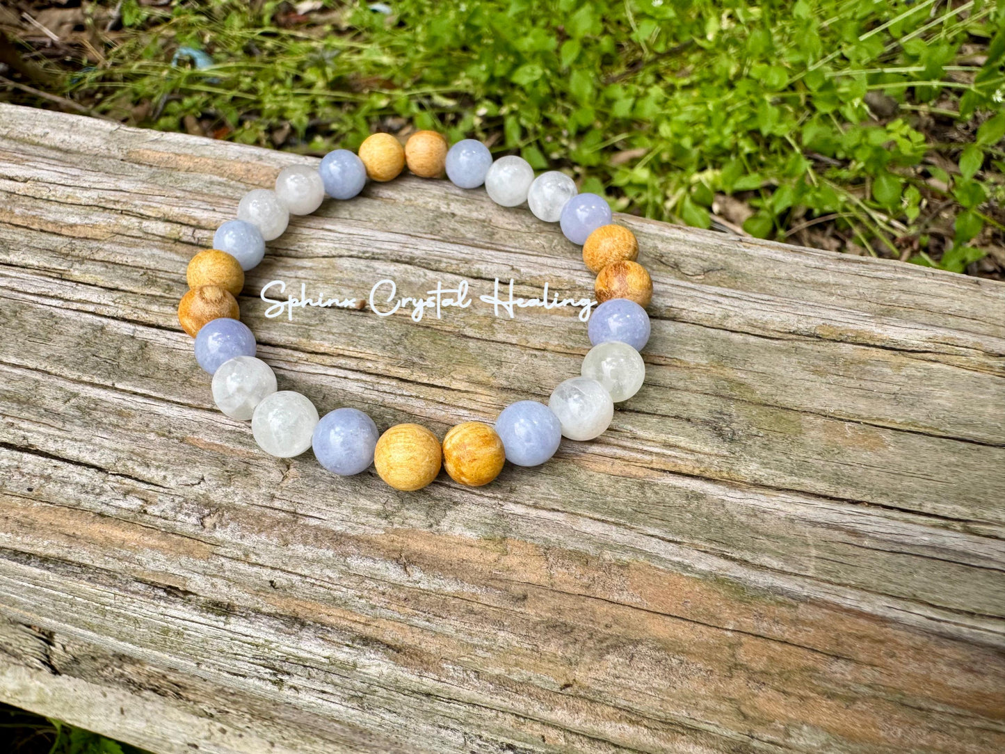 Stress Anxiety Support " Goddess of Calm Waters " Communication & Self Expression - AAA Moonstone - Palo Santo - Aquamarine Crystal Bracelet