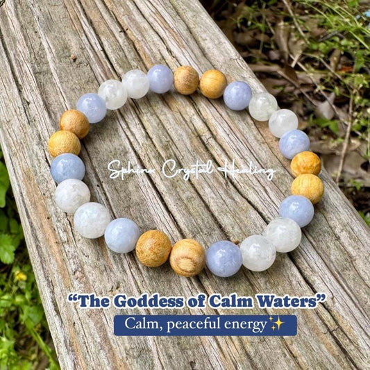 Stress Anxiety Support " Goddess of Calm Waters " Communication & Self Expression - AAA Moonstone - Palo Santo - Aquamarine Crystal Bracelet