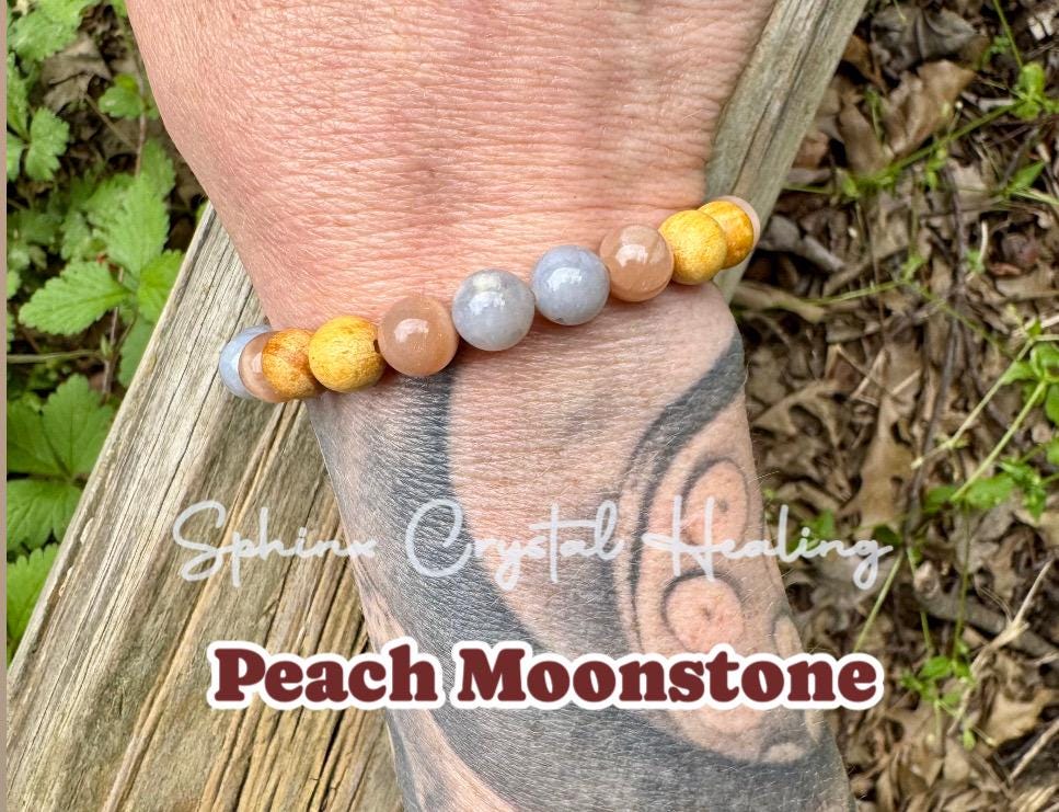 RARE Blue Rose Quartz - Emotional Healing & Stress Support " Goddess of Serenity " Moonstone - Palo Santo - AAA Crystal Gemstone Bracelet