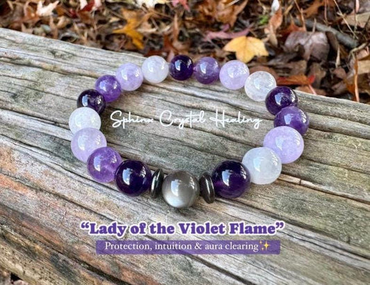 10mm Divine Healer - RARE Black Moonstone - AAA Grade Amethyst " Lady of the Violet Flame " High Vibrational - Real Crystal Healing Bracelet