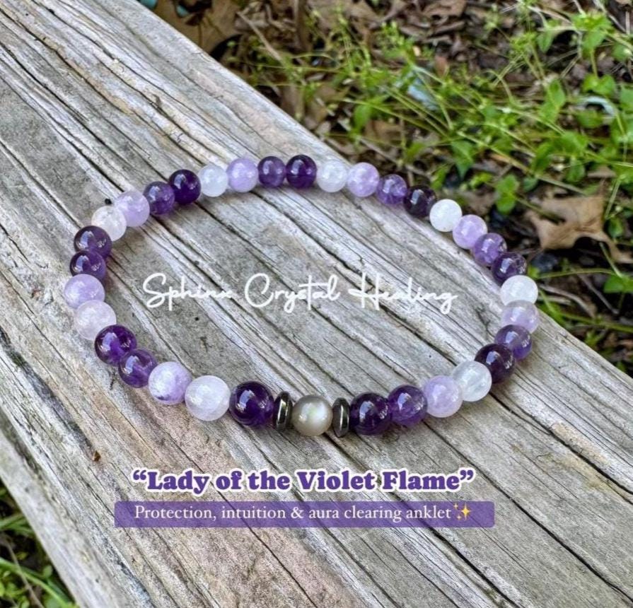 Divine Healer Anklet - RARE Black Moonstone - AAA Grade Amethyst " Lady of the Violet Flame " High Vibrational - Real Crystal Healing Stones