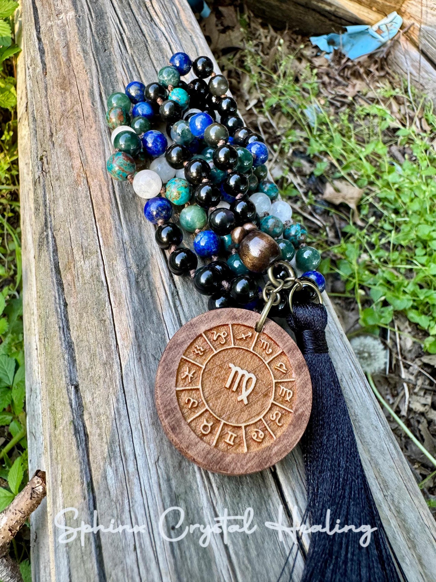 Virgo Energy Mala Necklace " The Humble Virgo " August & September Birthday - Crystal Healing Gemstones - Chrysocolla - Moonstone - Lapis