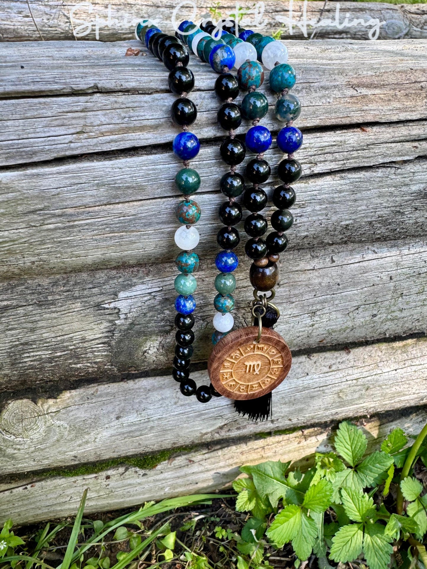 Virgo Energy Mala Necklace " The Humble Virgo " August & September Birthday - Crystal Healing Gemstones - Chrysocolla - Moonstone - Lapis