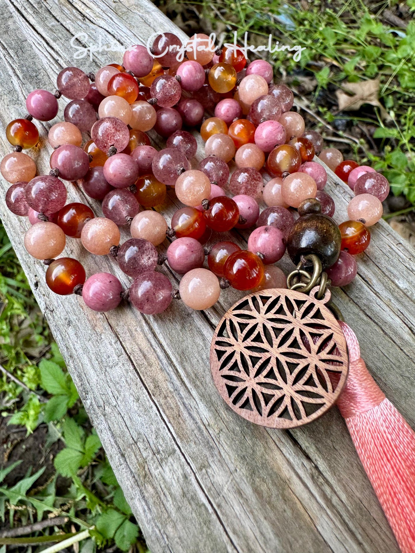 Inspiration & Creativity Mala - Motivation "After the Sunrise" Strawberry Quartz - Sunstone - High Quality Crystal Healing Gemstone Necklace