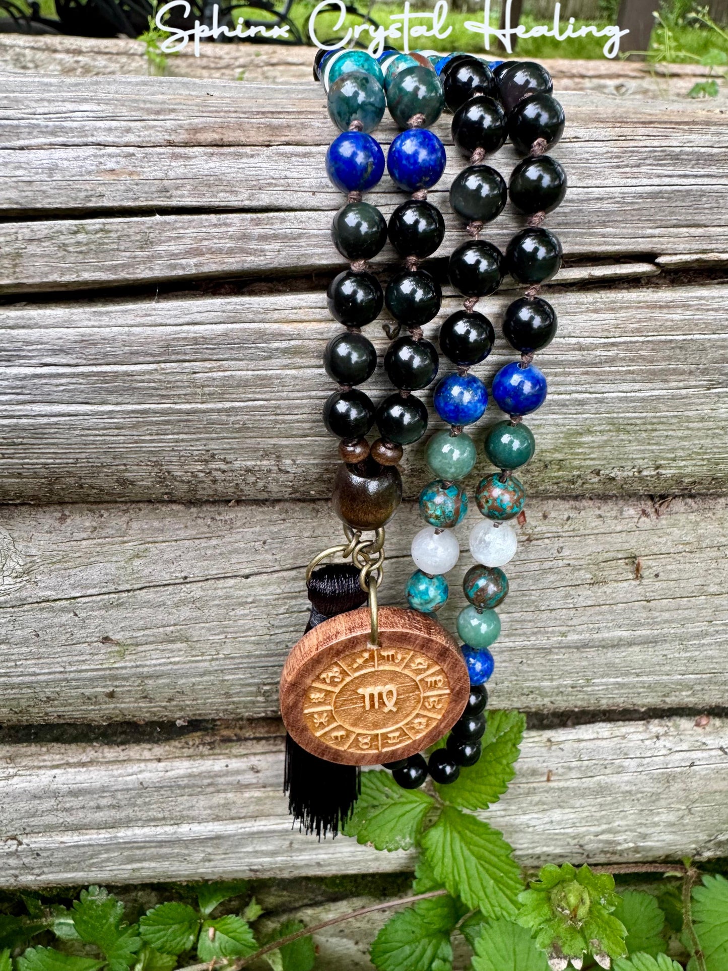 Virgo Energy Mala Necklace " The Humble Virgo " August & September Birthday - Crystal Healing Gemstones - Chrysocolla - Moonstone - Lapis