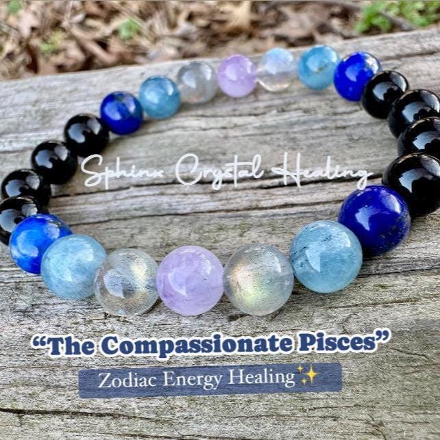 Pisces Energy - Zodiac Horoscope "The Compassionate Pisces" February March Birthday - RARE Aquamarine - Crystal Healing Gemstone Bracelet