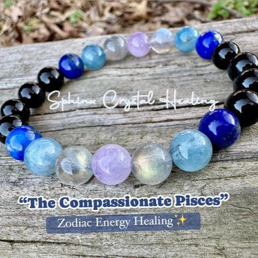 Pisces Energy - Zodiac Horoscope "The Compassionate Pisces" February March Birthday - RARE Aquamarine - Crystal Healing Gemstone Bracelet