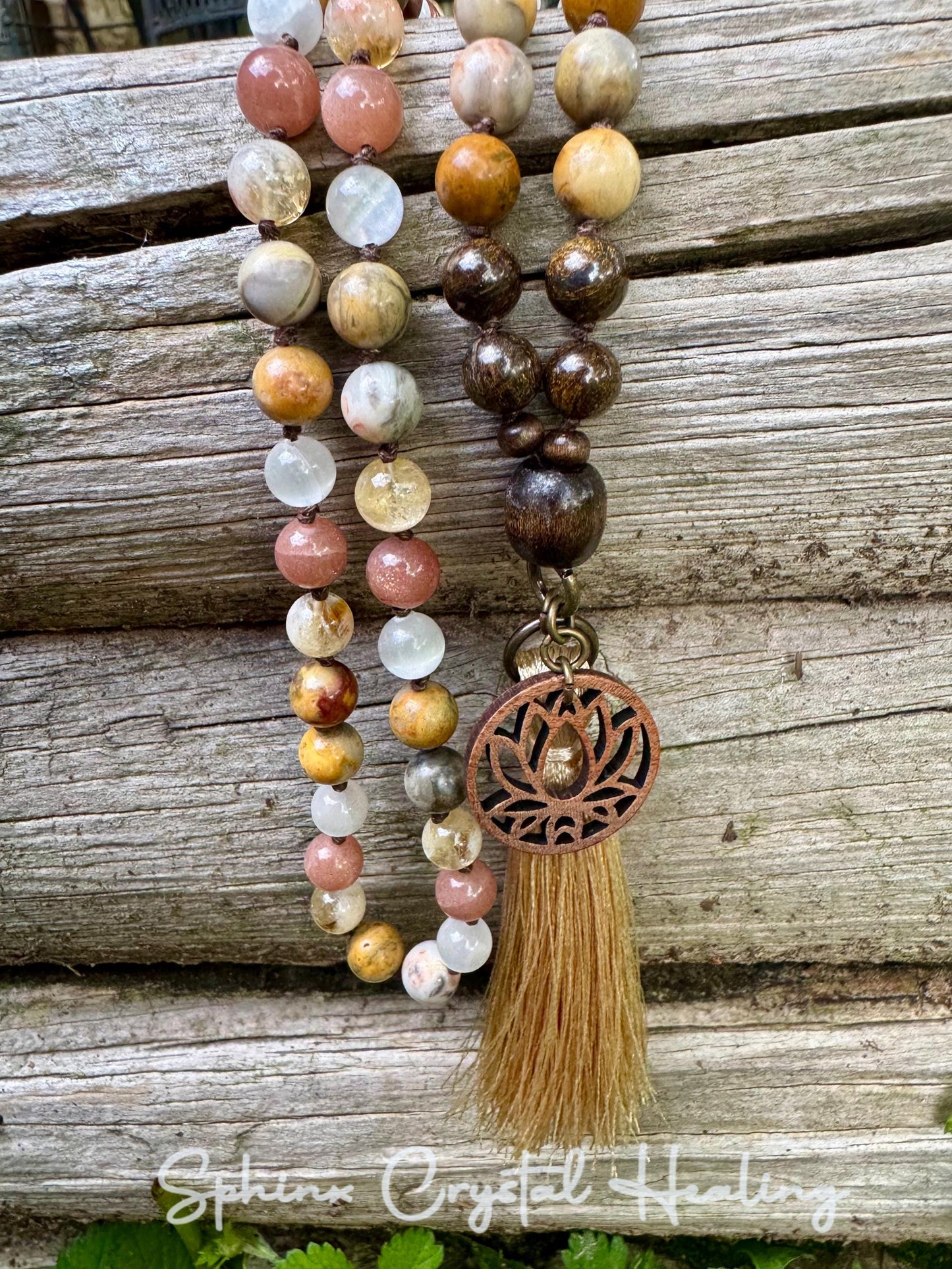 Positivity & Joy Mala Necklace " Flower Child " Happiness and Abundance - Positive vibes - Aura Protection - Real Crystal Healing Gemstones