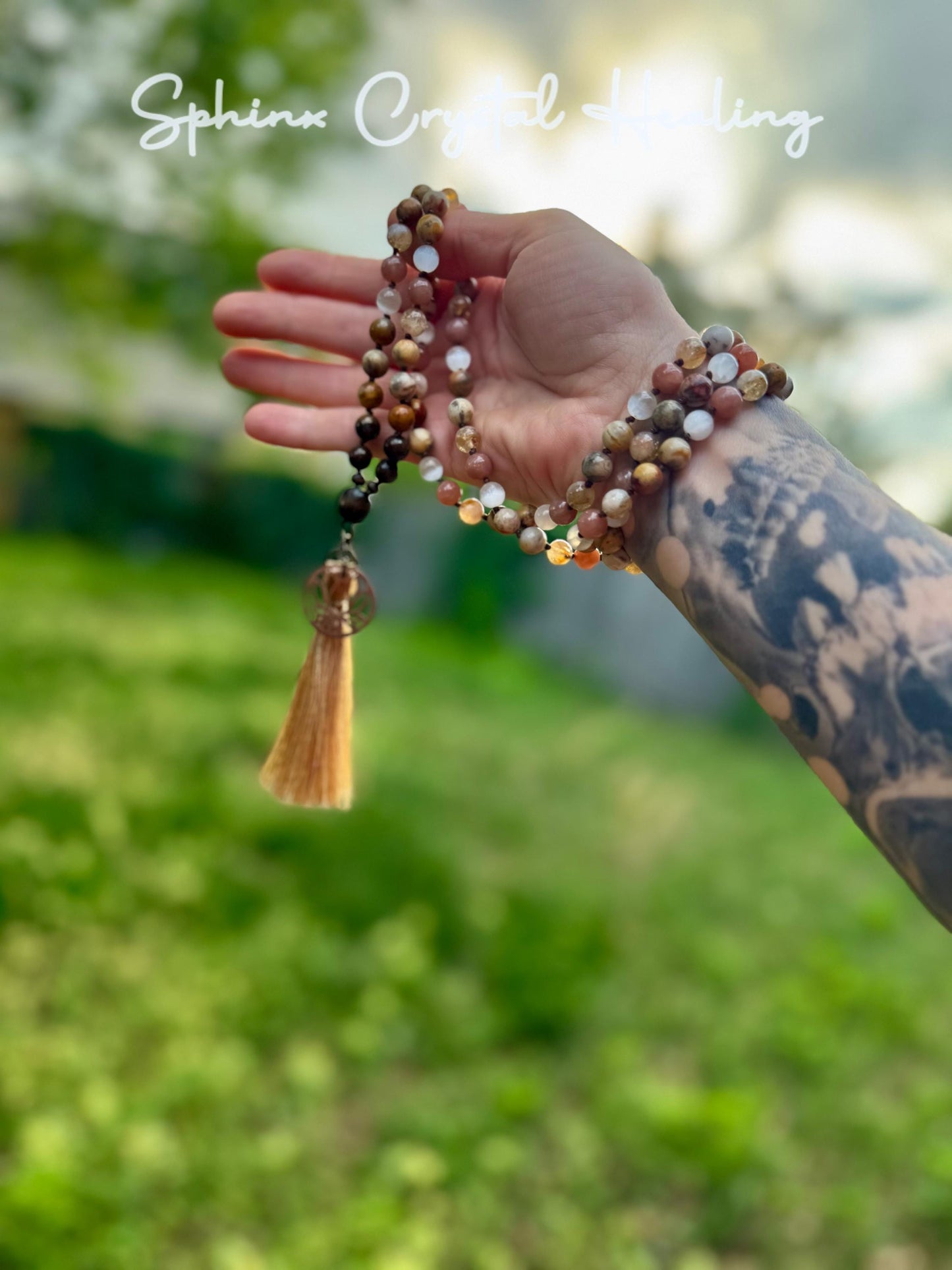 Positivity & Joy Mala Necklace " Flower Child " Happiness and Abundance - Positive vibes - Aura Protection - Real Crystal Healing Gemstones