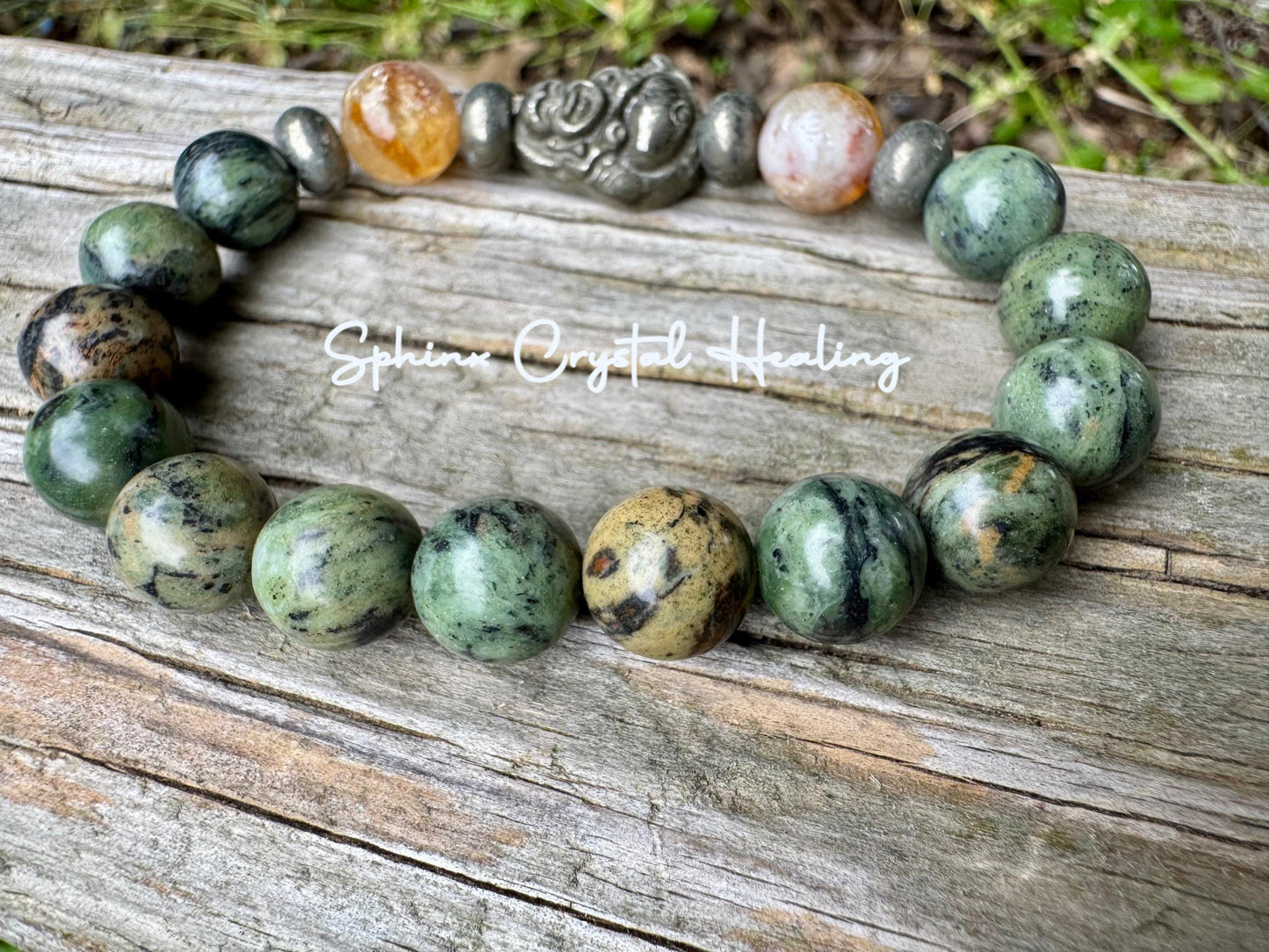 10mm Manifest Prosperity - Wealth - Fortune " The Sacred Yu Shan " Attract Good Luck - Buddha - Jade Citrine Pyrite Crystal - Money Bracelet