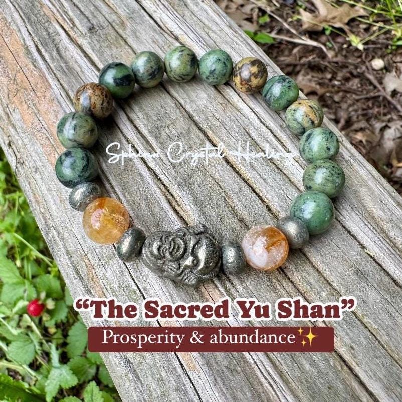 10mm Manifest Prosperity - Wealth - Fortune " The Sacred Yu Shan " Attract Good Luck - Buddha - Jade Citrine Pyrite Crystal - Money Bracelet