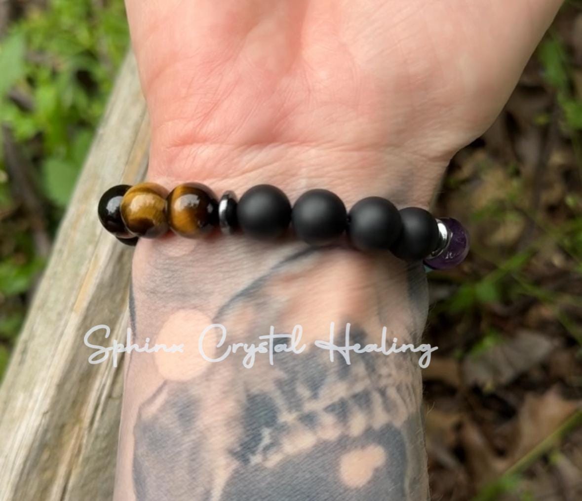10MM Anxiety & Stress Support - Chakra Balance - Protection - Strength - Onyx - Tigers Eye - Hematite - Crystal Healing Gemstone Bracelet
