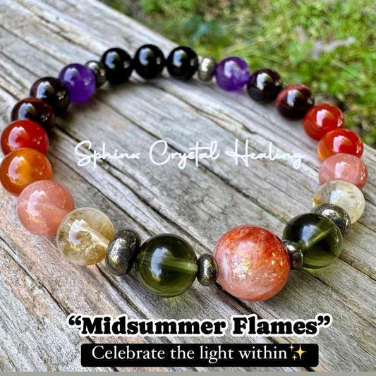 Summer Solstice " Midsummer Flames + " AAA PRECIOUS GRADE Sunstone - Moldavite - Citrine - Carnelian - Garnet - Crystal Gemstone Bracelet